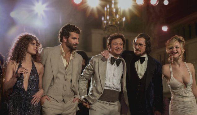 Amy Adams, Bradley Cooper, Jeremy Renner, Christian Bale and Jennifer Lawrence in American Hustle.